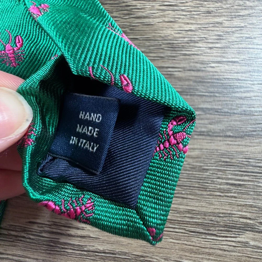 Polo Ralph Lauren Men's 100% Silk Necktie Green Pink Lobsters Made in Italy NEW